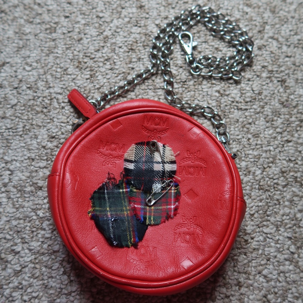 authentic red MCM circle mini bag/belt bag with silver hardware